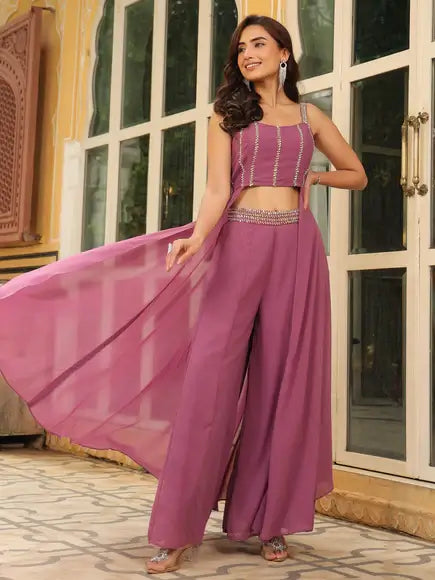 Lavender Georgette Embellished Flared Co-Ord Set