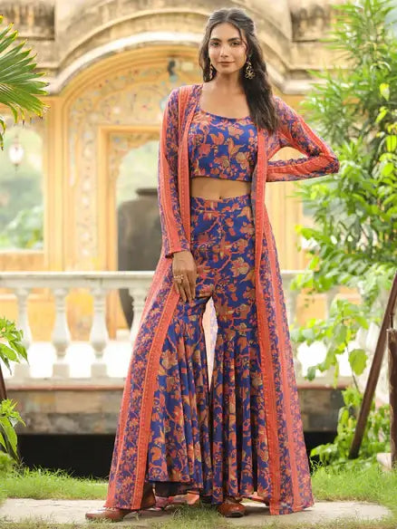 Navy Blue Georgette Floral Printed Co-Ord Set