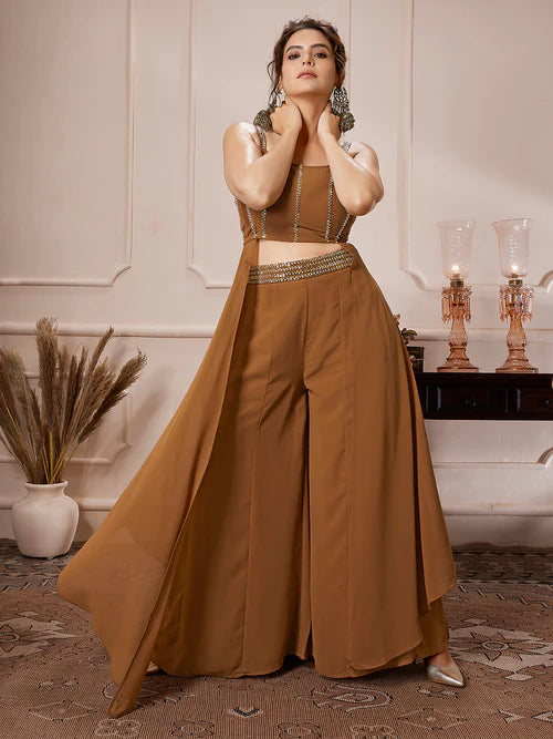 Brown Georgette Embellished Flared Cord Set