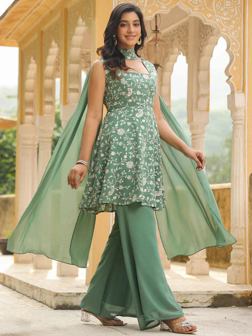 Sage Green Georgette Embroidered A-Line Kurta Set