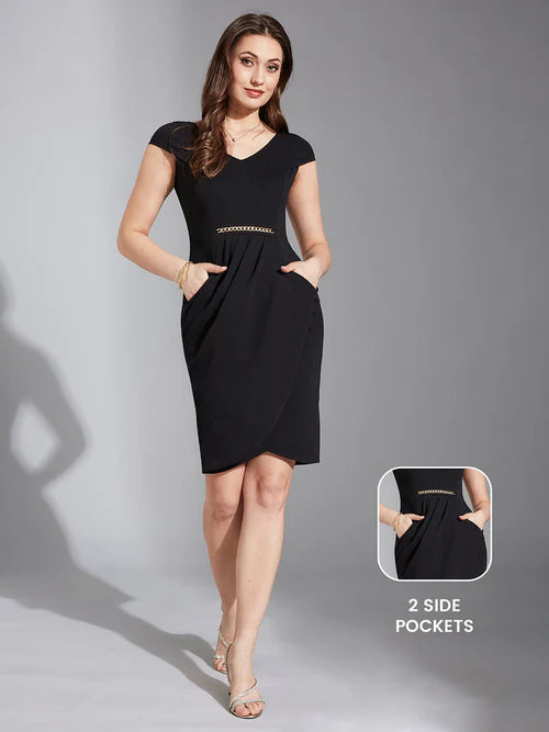 Women's Black Solid V Neck Cap Sleeves Polyester Side Pocketed Knee Long Dress