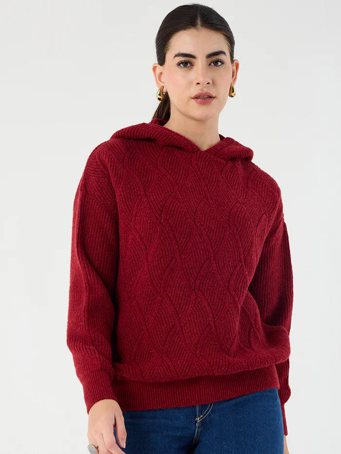 Femella Cranberry Pointelle Hooded Sweater