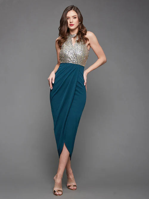 Women's Teal Halter Neck Sleeveless Sequined Party Midi Dress