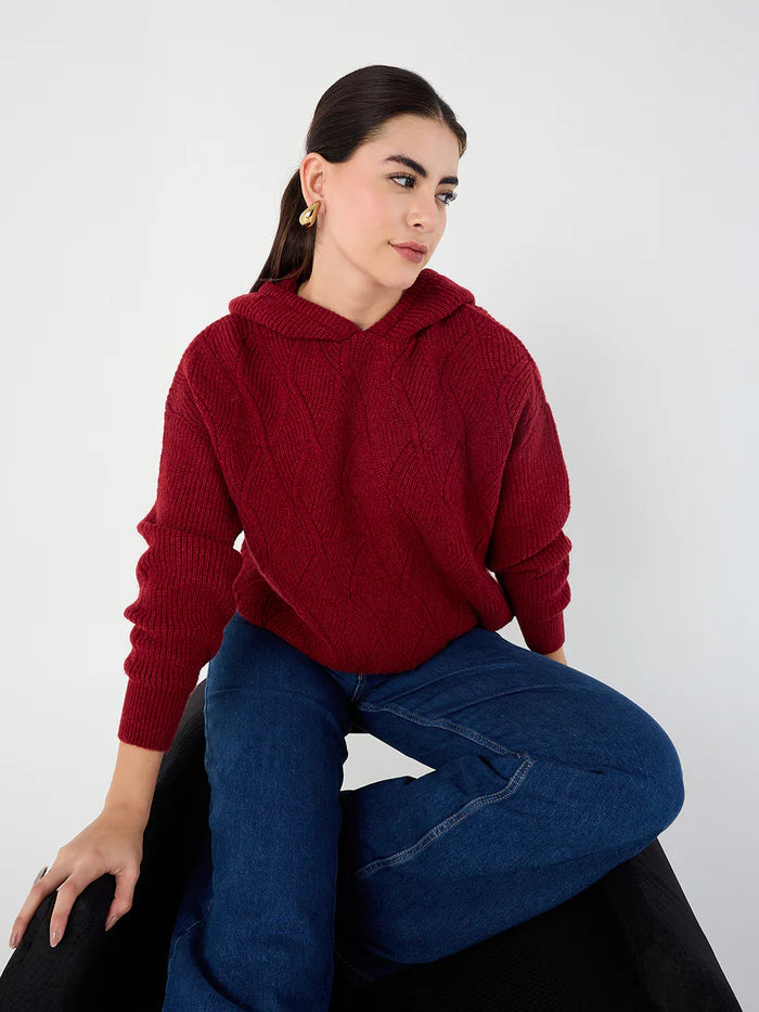 Femella Cranberry Pointelle Hooded Sweater