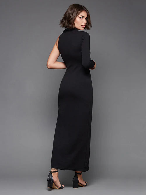 Women's Black Solid Asymmetric Sequined Blazer Maxi Party Dress