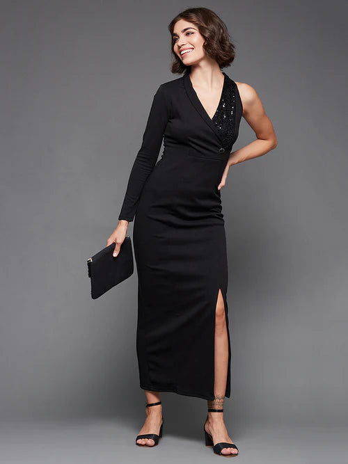 Women's Black Solid Asymmetric Sequined Blazer Maxi Party Dress