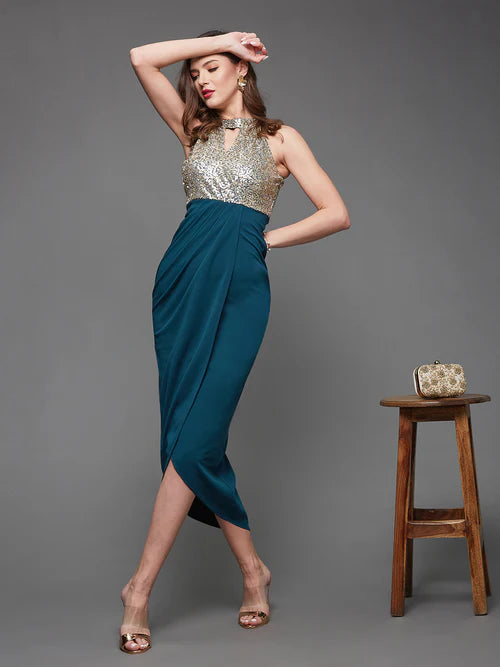 Women's Teal Halter Neck Sleeveless Sequined Party Midi Dress