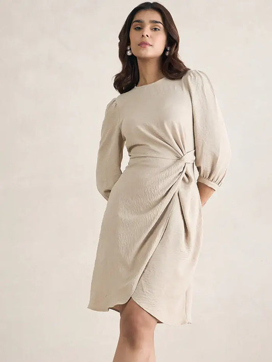 Femella Beige Knotted Knee Length Dress