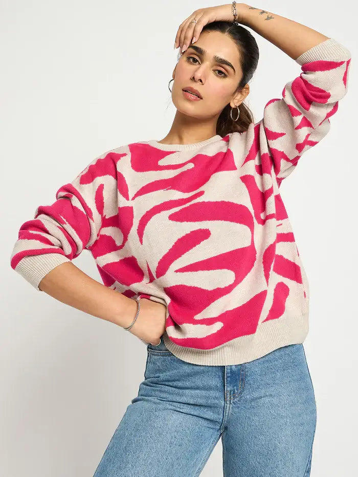 Femella Pink And Beige Abstract Sweater