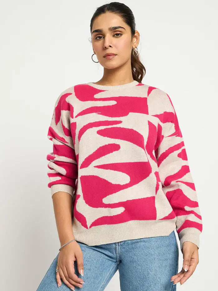 Femella Pink And Beige Abstract Sweater