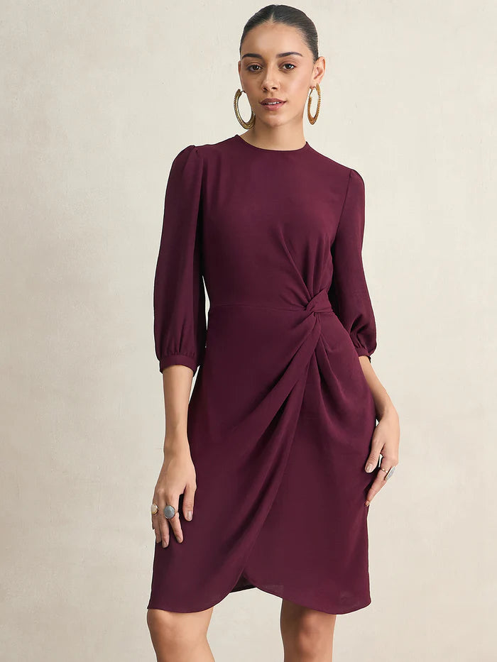 Femella Wine Knotted Knee Length Dress