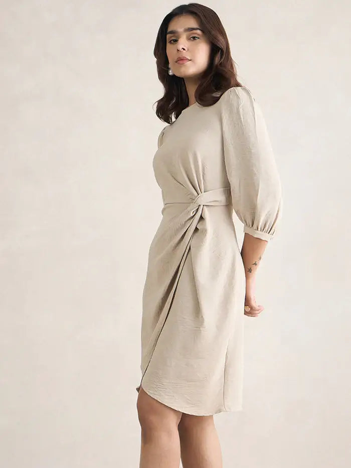 Femella Beige Knotted Knee Length Dress