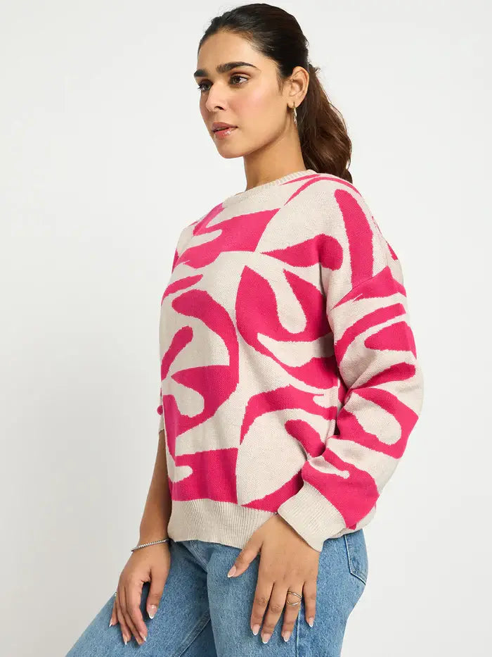 Femella Pink And Beige Abstract Sweater