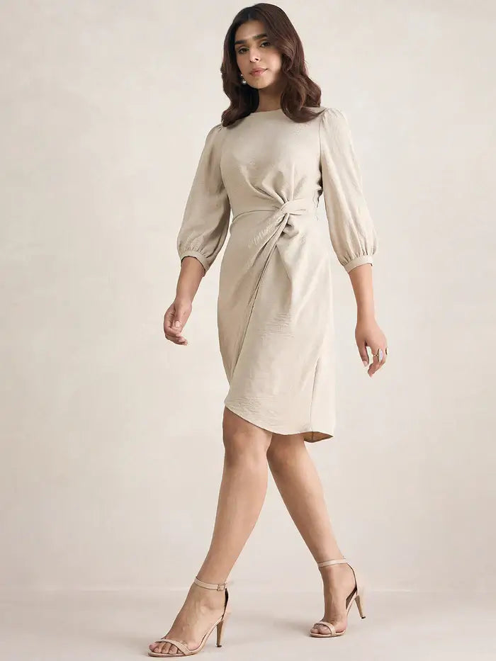 Femella Beige Knotted Knee Length Dress