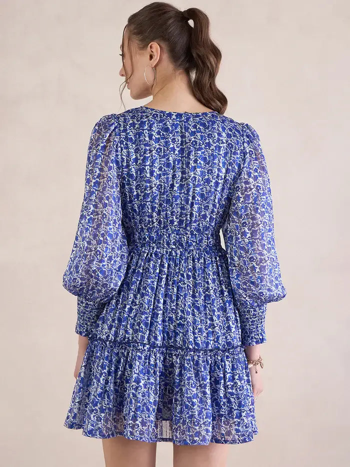 Femella Blue Floral Lurex Tiered Mini Dress