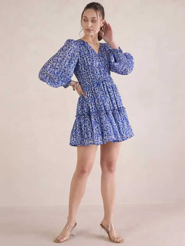 Femella Blue Floral Lurex Tiered Mini Dress