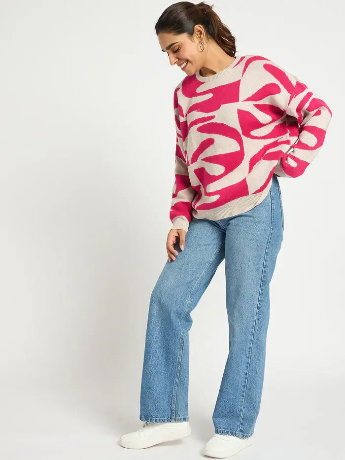 Femella Pink And Beige Abstract Sweater