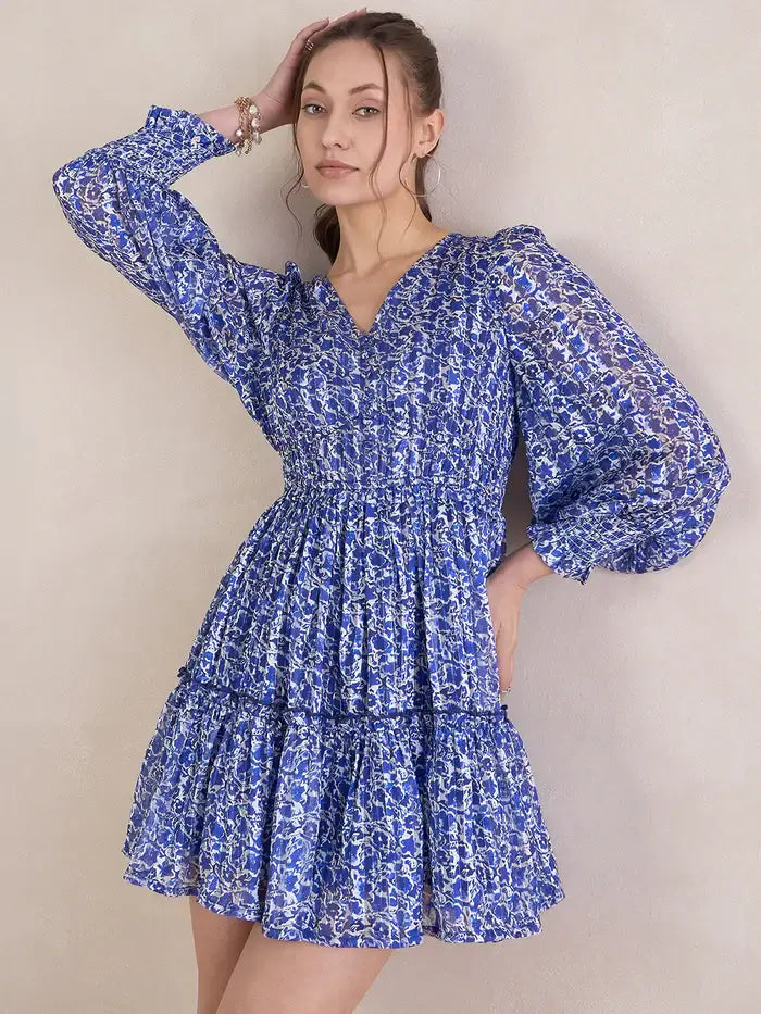 Femella Blue Floral Lurex Tiered Mini Dress