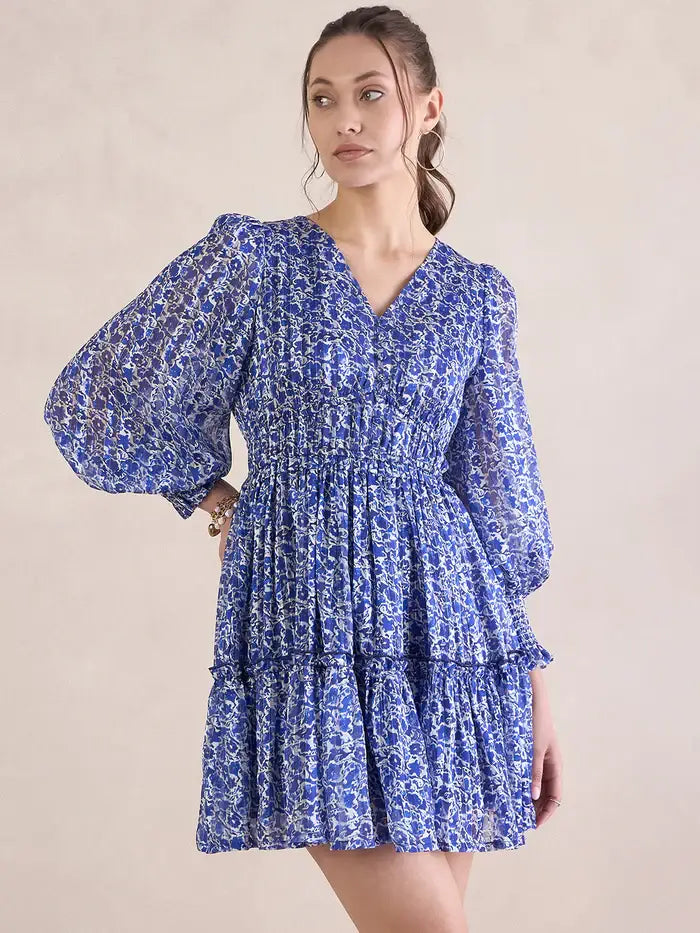 Femella Blue Floral Lurex Tiered Mini Dress